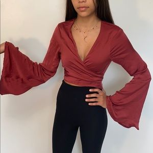 Darker dusty rose tie front/back crop